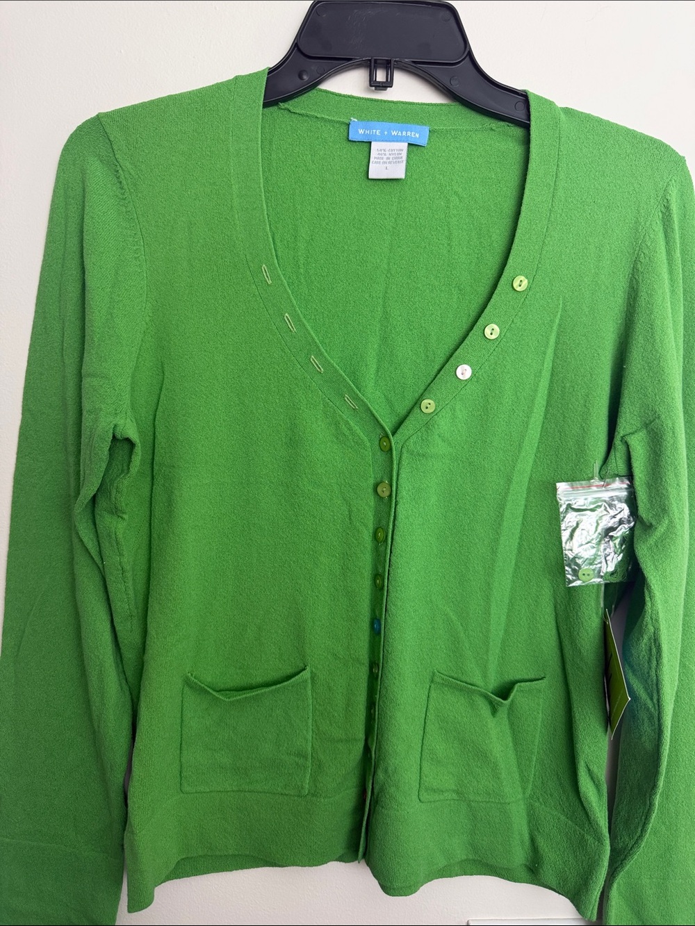 White + Warren Bright Green Cashmere-Blend Button Cardigan